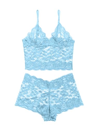 Image of Lilosy Sexy Sheer Floral Lace Pajamas Lingerie Set High Waist Sleepwear Bra and Panty 2 Piece Nightwear
