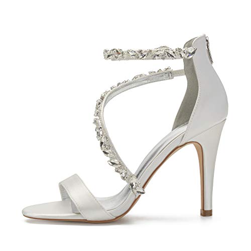 Hyinlays Women's Open Toe Wedding Pumps Rhinestones High Heels for Bride Satin Dress Pumps Evening Prom Wedding Shoes2