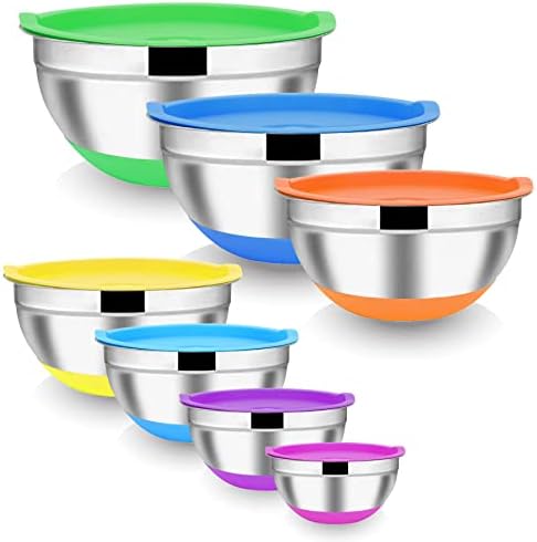 SUBRON 7PCS Mixing Bowls with Airtight Lids Set, Stainless Steel Metal Nesting Mixing Bowl with Colorful Non-Slip Silicone Bottom for Baking, Cooking, Serving & Prepping