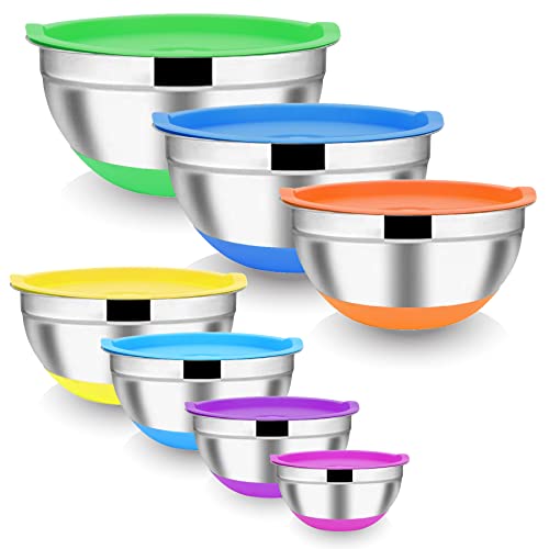 Subron 7Pcs Mixing Bowls With Airtight Lids Set, Stainless Steel Metal Nesting Mixing Bowl With Colorful Non-Slip Silicone Bottom For Baking, Cooking, Serving & Prepping #TOP3