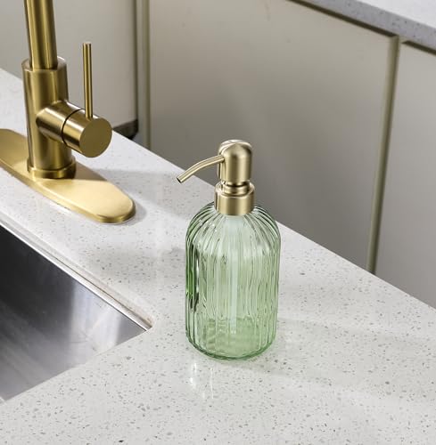 Image of 16Oz Green Glass Soap Dispenser with Rust Proof Stainless Steel Pump, Green Stripe Bathroom Hand Dish Lotion Dispensers with Brushed Gold Pump,Brushed Gold Glass Soap Dispenser,2 Packs