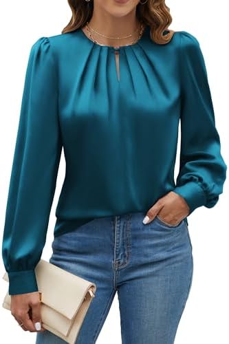 Blooming Jelly Womens Dressy Casual Blouses Satin Long Sleeve Shirts Pleated Business Tops Trendy Fall Outfits