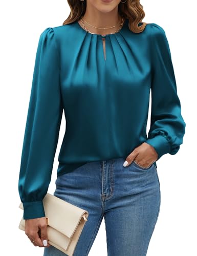 Blooming Jelly Womens Dressy Casual Blouses Satin Silk Long Sleeve Shirts Keyhole V Neck Work Tops Fall Clothes 2025(Teal, Medium)