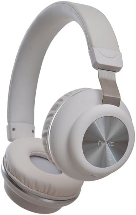 വശം view of Havit H2263D white over-ear headphones with Havit logo on earcup