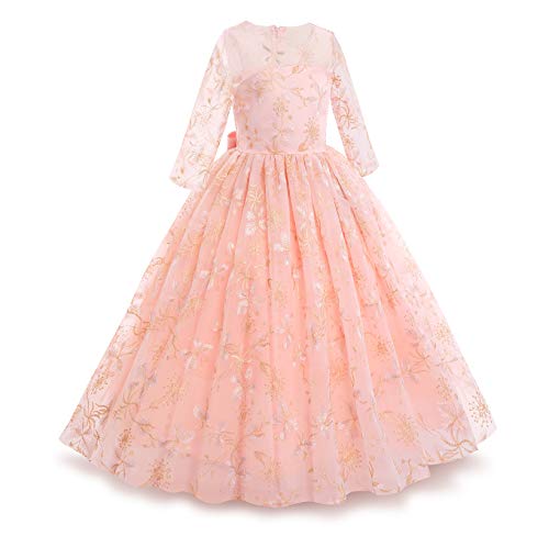 Girls Pageant Princess Flower Dress Kids Prom Puffy Ball Gowns Embroidered Fancy Royal Palace Masquerade Dress Baptism Formal Suit Birthday Patrty Skirt Floral-Pink 7-8 Years #TOP1
