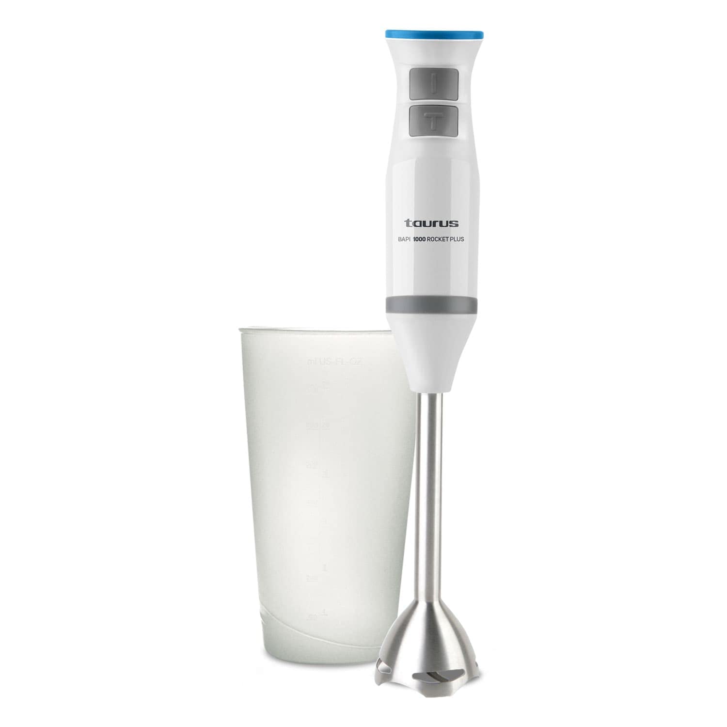 Taurus Bapi 1000 Rocket Inox - Batidora de mano. Bate y pica. 1000W. Incluye vaso medidor. Anti Salpicaduras. 20 velocidades. Función Turbo. Agarre soft-touch. Inox.