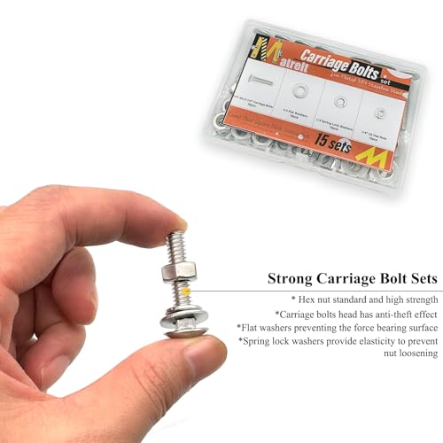 Image of 15 Sets 1 /4 inch-20 x1-1 /4 Carriage Bolts Round Head Square Neck Screws with Hex Nuts Flat Washers Spring Lock Washers 304 Stainless Steel Full Thread Coverage Square Neck Bolts Assortment Kit