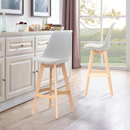 تايمي مقاعد بار مع وسادة على الطراز الاسكندنافي مع مسند ظهر ومسند للقدمين، كراسي بار للمنزل والمكتب والاستوديو والمتجر والمنتجعات الصحية، مقعد مطبخ بارجل من خشب الزان الصلب - ابيض - عبوة من قطعتين
