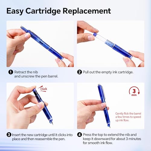 Image of WRITECH Clictek Retractable Fountain Pen - Blue Ink Medium Nib Gift Set Includes 5 Ink Cartridges for Smooth Writing, Journaling, Calligraphy
