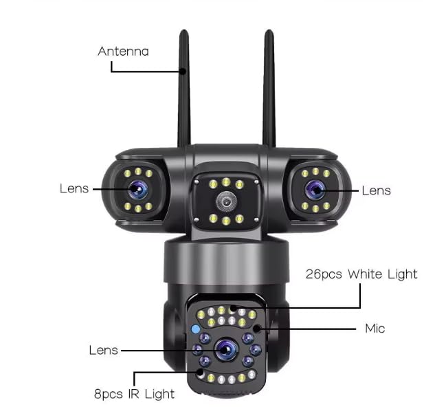 Image of DDLC V380 Pro Smart 3-Lens Outdoor PTZ CCTV Security Camera: 4K Ultra HD Wide Angle with No Blind Spots, AI Human Detection, Full Color Night Vision, Two-Way Audio, IP66 TF Card Storage Support