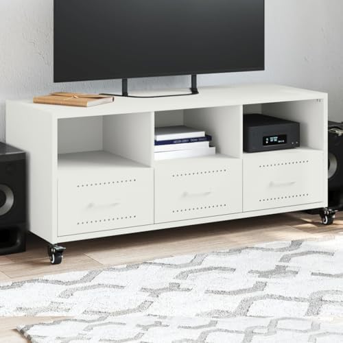 Gecheer TV-bänk vit 100,5 x 39 x 43,5 cm stål, TV-bänk med 3 lådo...