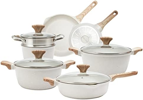 Country Kitchen Nonstick Induction Cookware Sets - 13 Piece Nonstick Cast Aluminum Pots and Pans with BAKELITE Handles - Induction Pots and Pans with Glass Lids -Cream