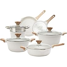 Country Kitchen Non-Stick Cast Aluminum Cookware Set - Durable Kitchen Cookware for Everyday Cooking, Cream, 11 Pc.