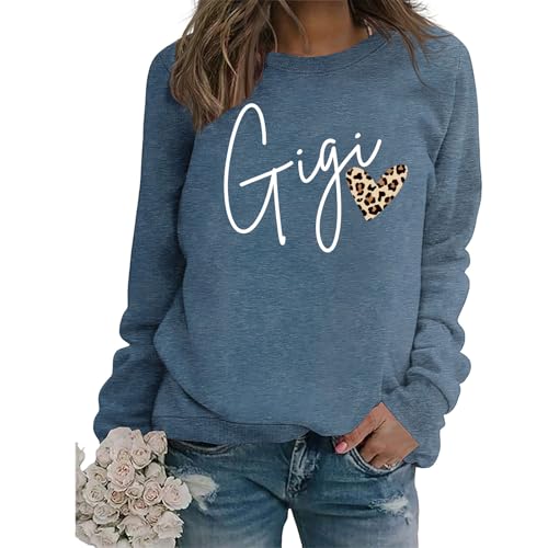 GOKURDI Gigi Sweatshirts for Women Gigi Leopard Print Long Sleeve Graphic Shirts Grandma Crewneck Pullover Top (US, Alpha, X-Large, Regular, Regular, Blue)