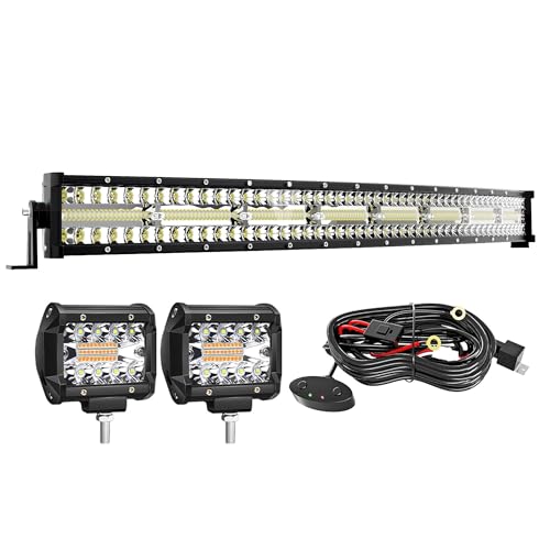 32Inch Curved Led Light Bar Kit+2X 4Inch Led Cube 6 Modes Strobe Light Pods with Wiring Harness Spot Flood Combo Driving Lamp Fog Driving Work Lights for Wrangler F150 ATV UTV Car Truck