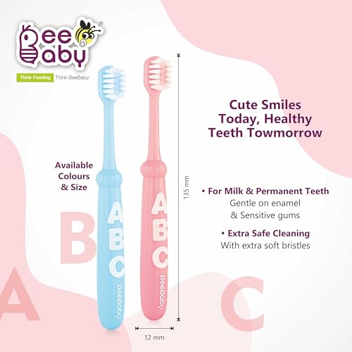 Image of BeeBaby Brush Buddy Toothbrush for Infants 6 Months +. Small Head 10 x Super Soft Tapered Bristles ideal for Milk Teeth, 100% BPA Free. Blue & Pink. Pack of 2