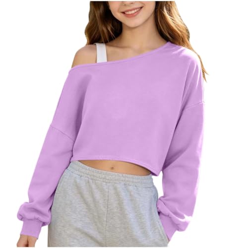 Girl's Off Shoulder Long Sleeve Crop Sweatshirt Asymmetrical Neck Loose Fit Solid Color Pullover Tops Streetwear Purple