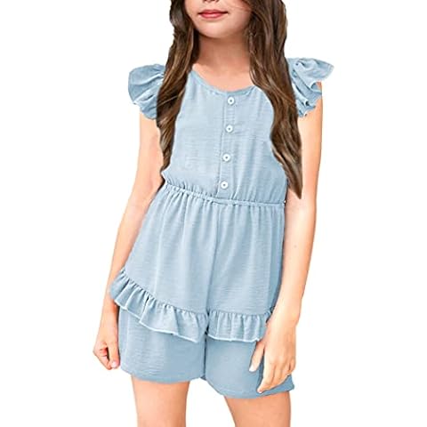 Hopeac Girls Rompers Button Closure Ruffle Flutter Sleeve Suspender Cute Clothes Crewneck Overalls Jumpsuits for Kids Cover