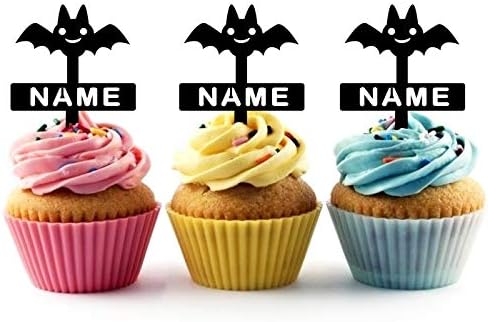 TA0550 Cute Bat Silhouette Party Wedding Birthday Acrylic Cupcake Toppers Decor 10 pcs with Personalized Your Name