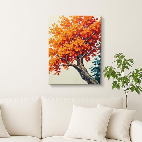 Pintura de hojas verdes y naranjas en lienzo estético con impresión nítida 3