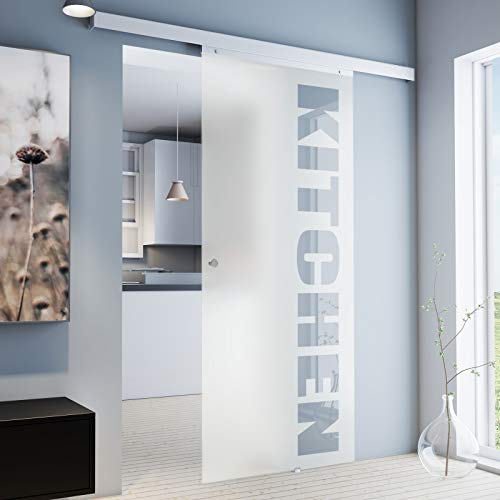 inova Schiebetür Glas 755x2035mm mit Kitchen Schriftzug Glastür Innentür Komplettset mit Laufschiene Griffknopf + beidseitigem Softclose Cover