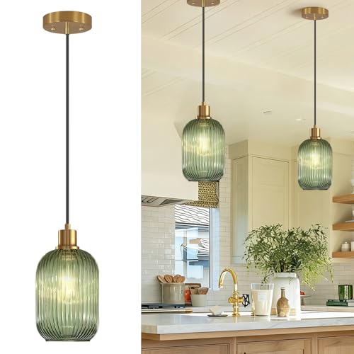 2 Pack Pendant Lights with Vintage Green Ribbed Glass Lampshade, Adjustable Brushed Gold Pendant Lights Fixtures for Kitchen Island Lighting Sink, Dining & Living Room Hallway (Bulbs Not Included)