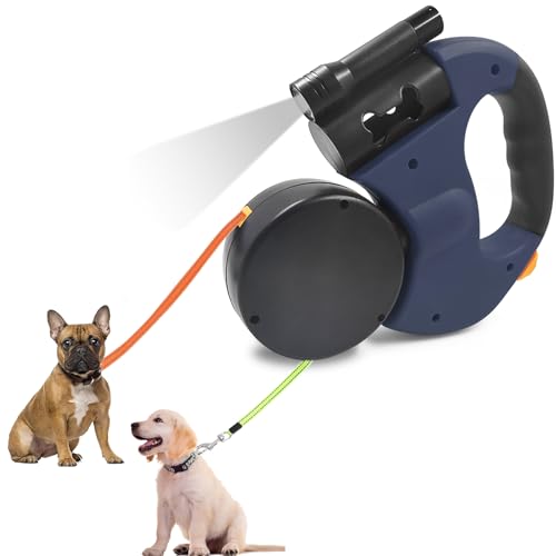 Cyrank Retractable Double Dog Leash, 10ft/3m Distance Each Dog Supports Up To 18lb/8kg Pet Leash Reflective Leads for 2 Dogs One Button Break & Lock, 360 Tangle-Free with LED Light (Grey)