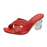 LIPIJIXI Slingback Heels for Women Heels Sandals Woven Chunky Heels Braided Square Toe Mules Sandals Open Toe High Heels Slip On Sandals Red Size 35