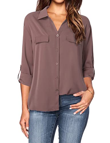 Lotusmile Blouses for Women Business Casual, Women's Blouses for Work Professional 3/4 Sleeve Button Up Tops Relaxed Fit Collared Dress Shirts for Women Button Down Chiffon Blouses for Business Women