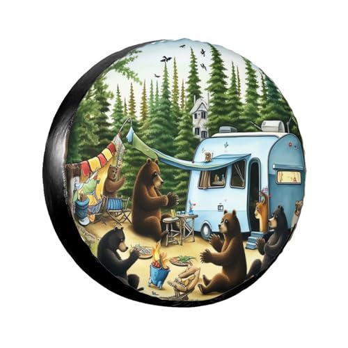 Camping Bears Spare Tire Cover for Rv Trailer- Cute Camper Spare Tire Cover Waterproof Wheel Cover Universal Fit for SUV Truck Accessories Wheel Protectors Travel -15 inch