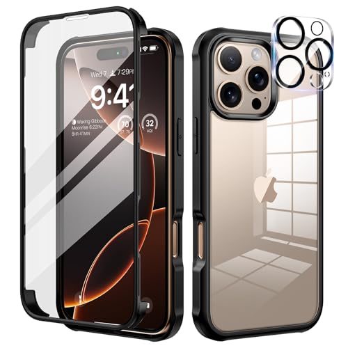seacosmo für iPhone 16 Pro Hülle mit eingebautem Panzerglas Displayschutz und Kamera Schutzfolie [9H HD], 360 Grad Handyhülle Ganzkörper Stoßfeste iPhone 16 Pro Case - Schwarz