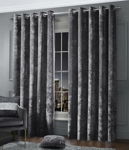 LIZZIE JACOBS Crushed Velvet Luxury Curtains Eyelet Top Fully Lined Thick Curtain Pairs Living Room Bed Room Kitchen Office Ring Top Curtains (Charcoal, 66 wide x 90 drop)