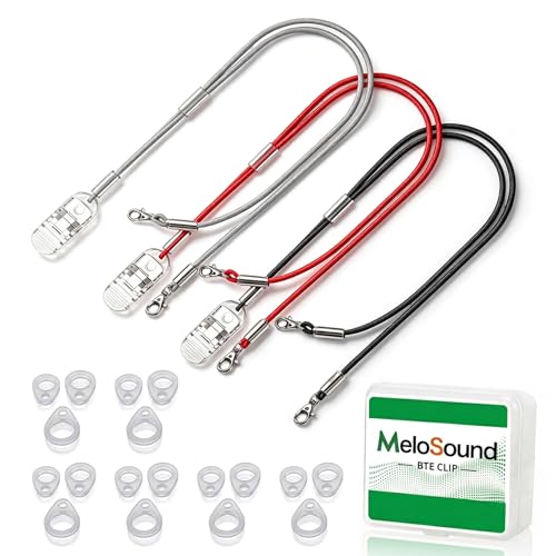 3-Pack Hearing Aid Clips to Prevent Loss, Hearing Aid Lanyard for Seniors, Retainer/Holder — Dual‑Ear Tether, Black/Gray/Red, Secure Alligator Clip, Compatible with Multiple Models