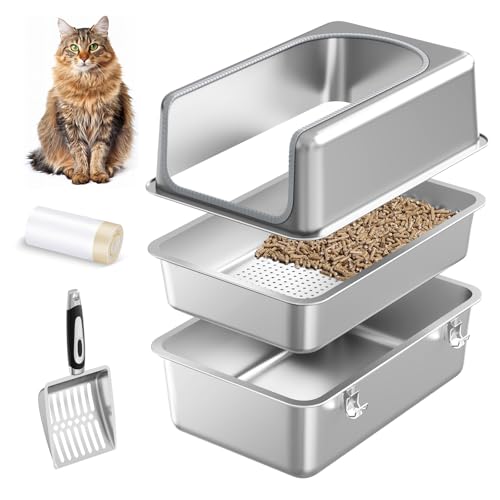 23.6''×15.7''×12'' XL All Stainless Steel Sifting Litter Box for Pine Pellets,Sifting Cat Litter Box with Lid for Big Cats,Metal High Side Sifter Litter Pan System for Odor Control,with Scoop Liners