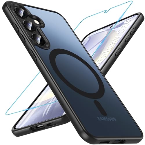 Image of OWKEY for Galaxy S24|S25 Case 6.2'',Magnetic Samsung Galaxy S24 /S25 Case for Magsafe with Tempered Glass Screen Protector, [Shockproof Military] Translucent Back Slim Bumper Cover S24 S25 Case, Black