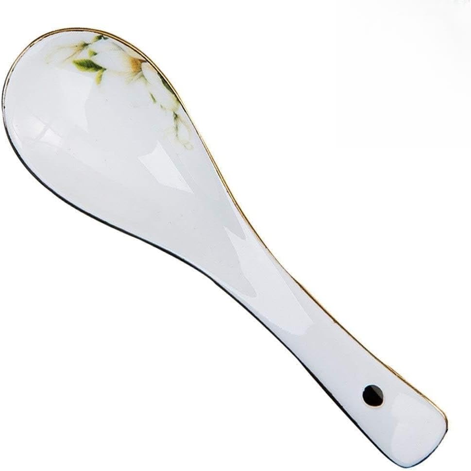 Scoop Ceramics Long Handle Spoons Ceramic Asian Soup Spoon Appetizer Spoon Set with Golden Edges and Elegant Pattern Perfect for Family Use,Set of 10 Soup Spoon (Color : D)