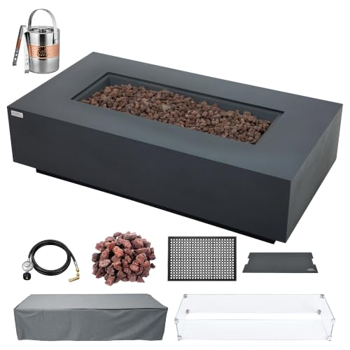 Image of AMS Creations | Madison 60 inch Bundle Rectangular Natural Gas Outdoor Fire Pit Table | Dark Gray Concrete GFRC | Smooth Texture or Surface | Electronic Ignition | Outside Backyard Fireplace