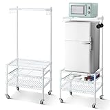 Wonderjune 1 Pcs Portable Mini Fridge Organizer Shelf with Wheels & 8 S Hooks, Mini Fridge Storage Stand, Microwave Stand for Dorm Room, Apartment & Kitchen, Compact Shelving for Small Space(White)