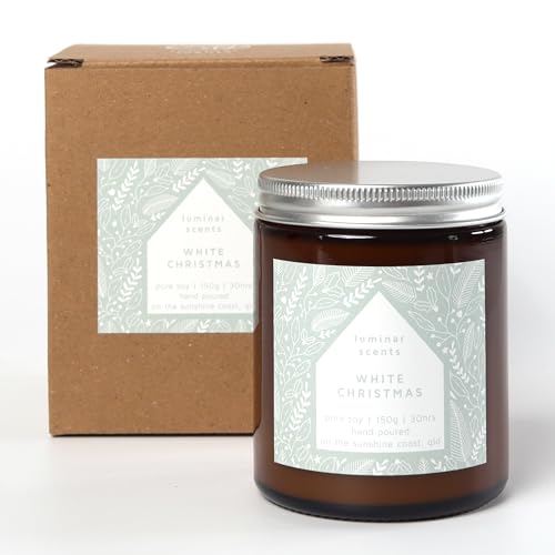 Natural Soy Candle Made in Australia in Amber Jar 150g - 30 Hours Burn Scented Aromatherapy Candle with Gift Box (White Christmas)