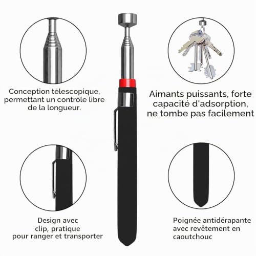 Kzouenzu Acier Inoxydable Aimant Telescopique + Tige Aimantée Flexible[3 Pièces], Aimant Telescopique, Pour Vis, Écrous, Clés, Pièces Métalliques, Durable Avec Clip De Poche [ 2 Noir+1 Argent] – vue 3