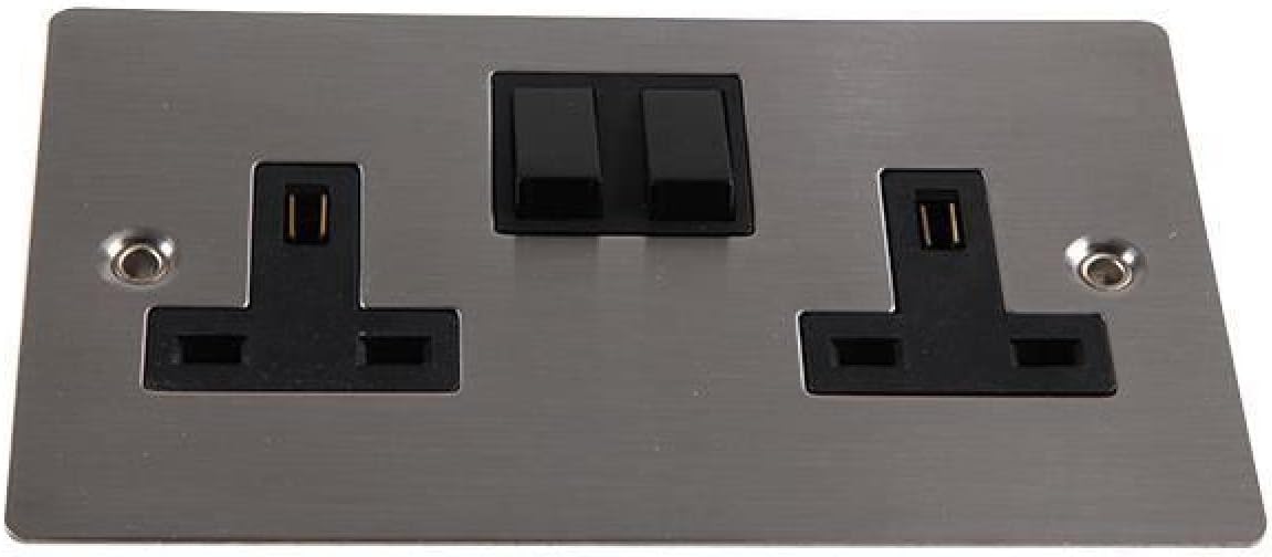 2 Gang DP 13A Switched Socket, Brushed Stainless Steel/Black