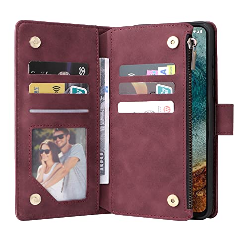 Lbyzcase For Nokia X100 Case With Card Holder,Durable Luxury Magnetic Folio Flip Leather Zipper Pocket Wrist Strap Kickstand Women Men Phone Case Cover For Nokia X100 (Wine Red) #TOP1