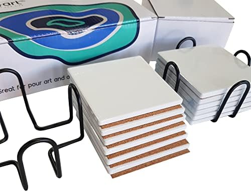 Ceramic Coaster Sets - 12 Square 4 INCH MATT Absorbent Coasters with Stick-On Cork Backing Pads & 2 Metal Stands – for Sublimate Printing, Acrylic Pouring and All DIY Craft and Painting Projects