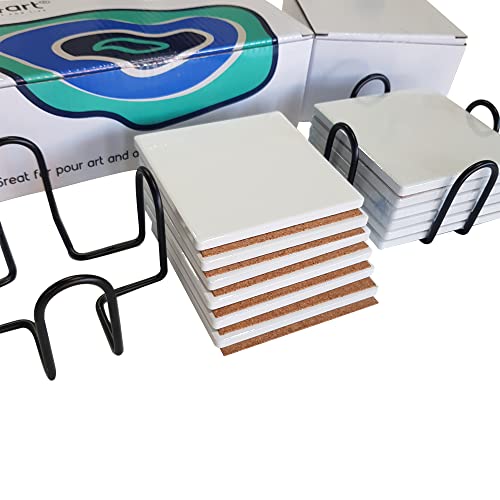 Ceramic Coaster Sets - 12 Square 4 Inch Matt Absorbent Coasters With Stick-On Cork Backing Pads & 2 Metal Stands – For Sublimate Printing, Acrylic Pouring And All Diy Craft And Painting Projects #TOP2