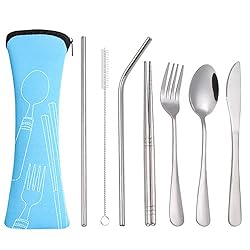 Portable Utensils, Reusable Travel Camping Cutlery Set,8-Piece Including Knife Fork Spoon Chopsticks Cleaning Brush Straws Portable Case, Stainless Steel Flatware Utensils (Blue Packaging)