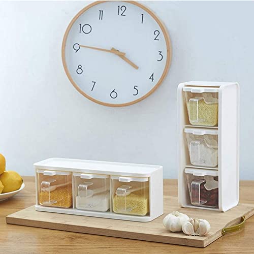Caja de almacenamiento de especias, recipiente transparente para condimentos con tapa y asa de cuchara para una fácil organización, juego de 3 piezas