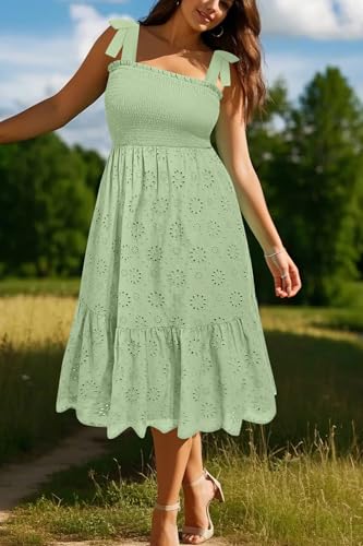 Image of Pinup Fashion Plus Size Summer Sun Smocked Eyelet Tie Straps Midi Dress | Adjustable tie straps, square neck, high waist, flowy tiered A-line, perfect for casual beach, holiday vacation, photoshoot