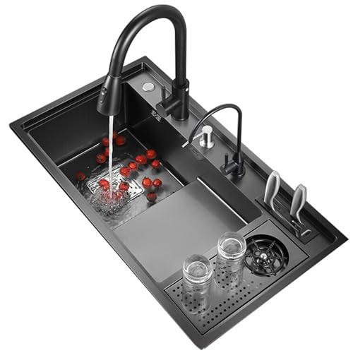 32.3'' Kitchen Sink Black Nano Sink Pull-Out Tap Stainless Steel Ladder Sink with Knife Holder