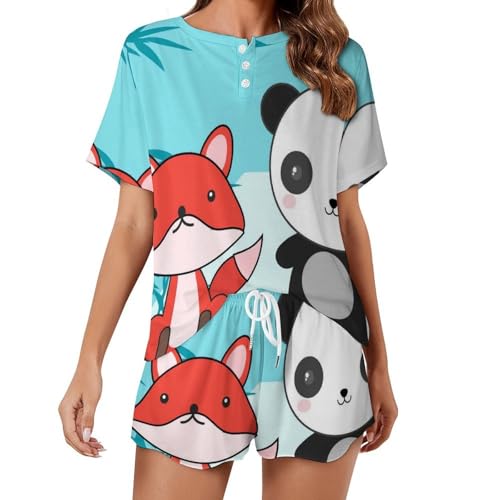 Pyjama Renard Et Panda pour femme ensemble short manches courtes coton léger