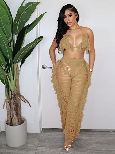 Kansoon High Waisted Bikini Sets For Women Two Piece Sexy Tassels Knit Tie Top And Tight Pants Cover Ups Bath Outfits Khaki L #TOP2